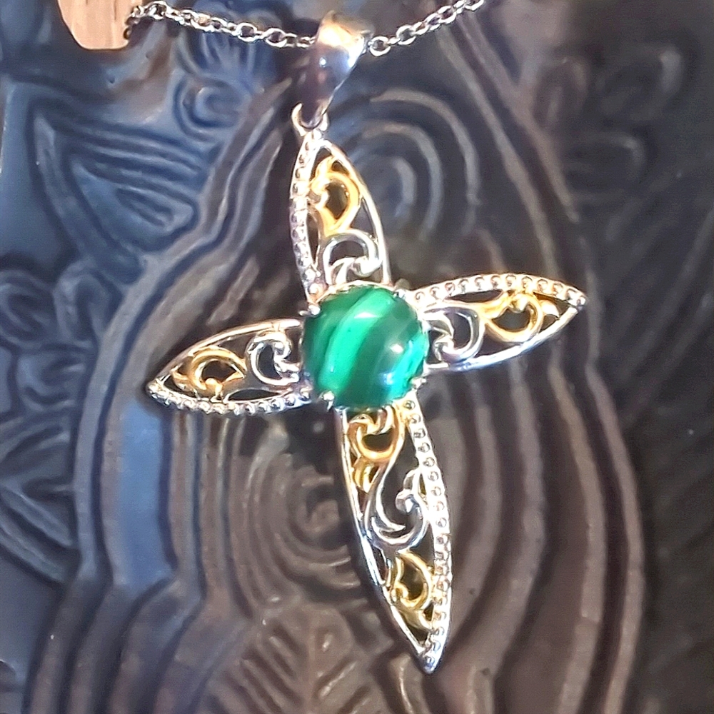 Genuine Malachite Two Toned Filigree Cross Pendant Necklace